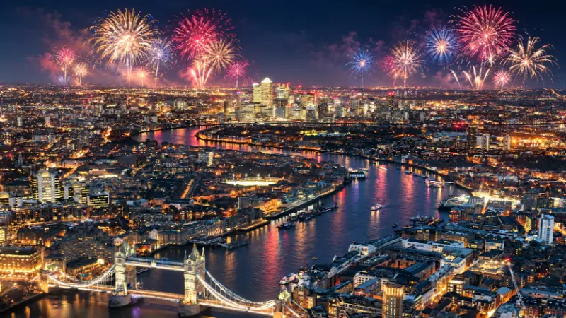 Rappresentazione illustrativa dei festeggiamenti a Londra con il Tower Bridge