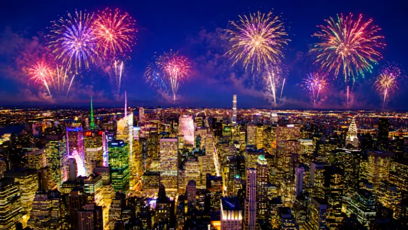 Rappresentazione illustrativa dei festeggiamenti sullo skyline di Manhattan